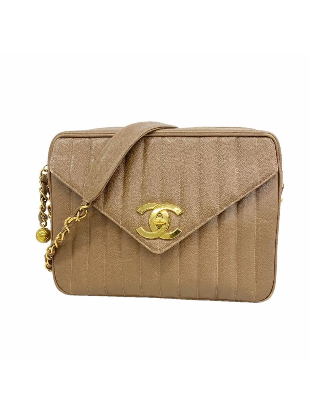 Chanel Shoulder Bag Mademoiselle Jumbo CC Logo Caviar Leather Light Brown Gold
